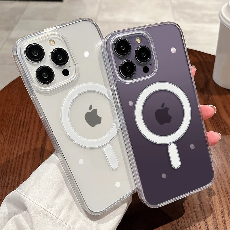 Magesafe マグネット式透明ワイヤレス充電ケース iPhone 11 12 13 14 15 Pro Max Plus Mini X 7 8 SE 耐衝撃 PC カバー