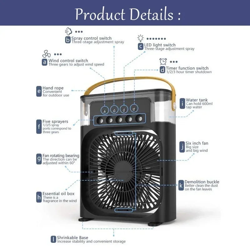 Portable 3 In 1 Fan Air Cooler LED Night Lights Humidifier