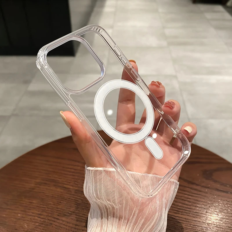 Magesafe マグネット式透明ワイヤレス充電ケース iPhone 11 12 13 14 15 Pro Max Plus Mini X 7 8 SE 耐衝撃 PC カバー