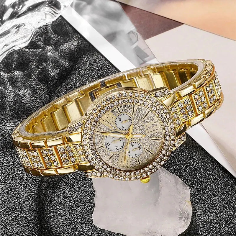 Quartz Watch Gold Luxury Jewelry Set Stainless Steel