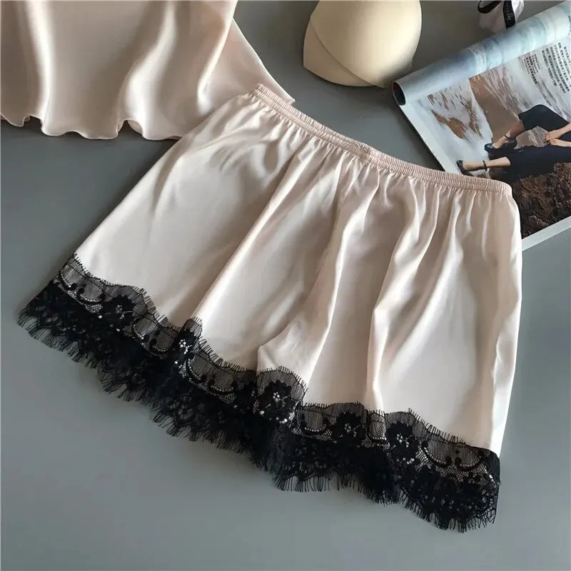 Satin Babydoll Lace Sexy Lingerie Bowknot Pyjamas Sleep Shorts Set