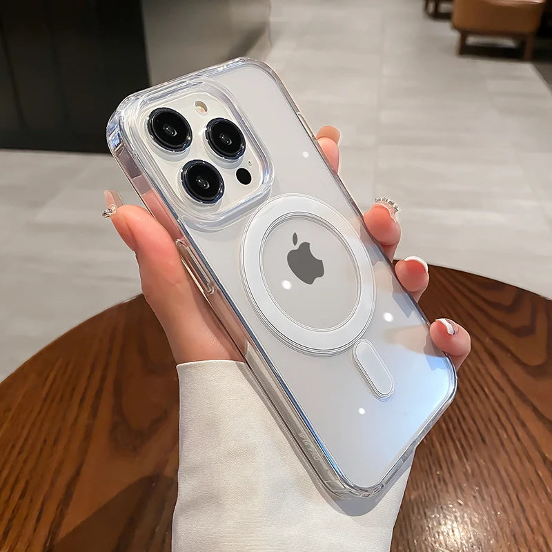 Magesafe マグネット式透明ワイヤレス充電ケース iPhone 11 12 13 14 15 Pro Max Plus Mini X 7 8 SE 耐衝撃 PC カバー