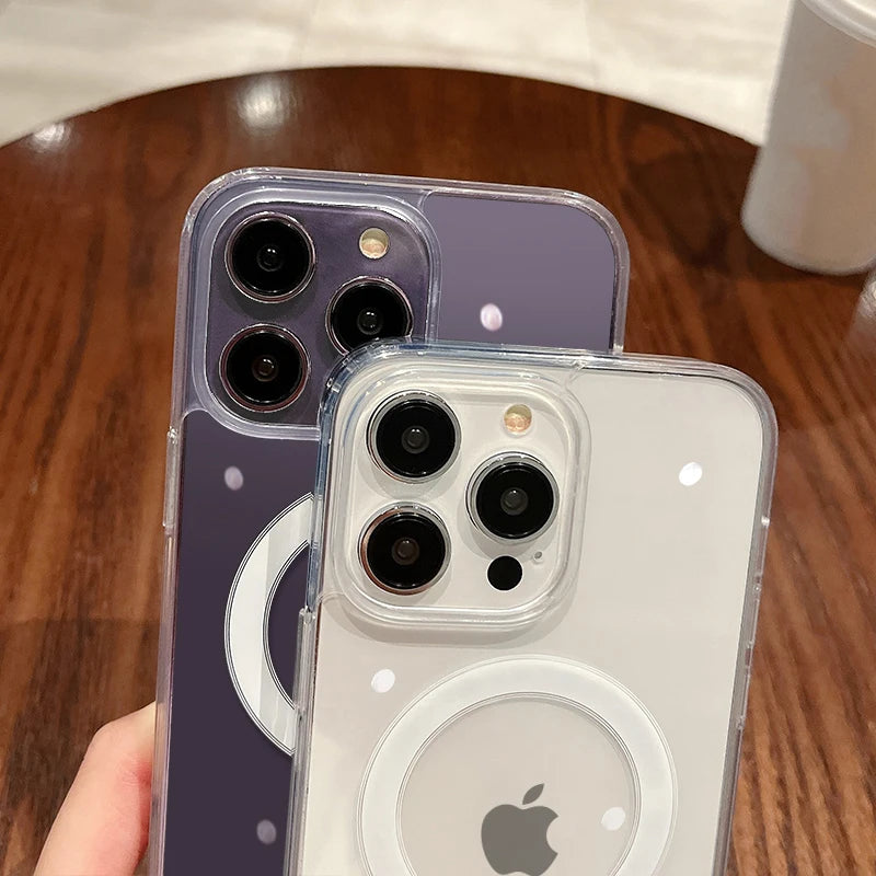 Magesafe マグネット式透明ワイヤレス充電ケース iPhone 11 12 13 14 15 Pro Max Plus Mini X 7 8 SE 耐衝撃 PC カバー