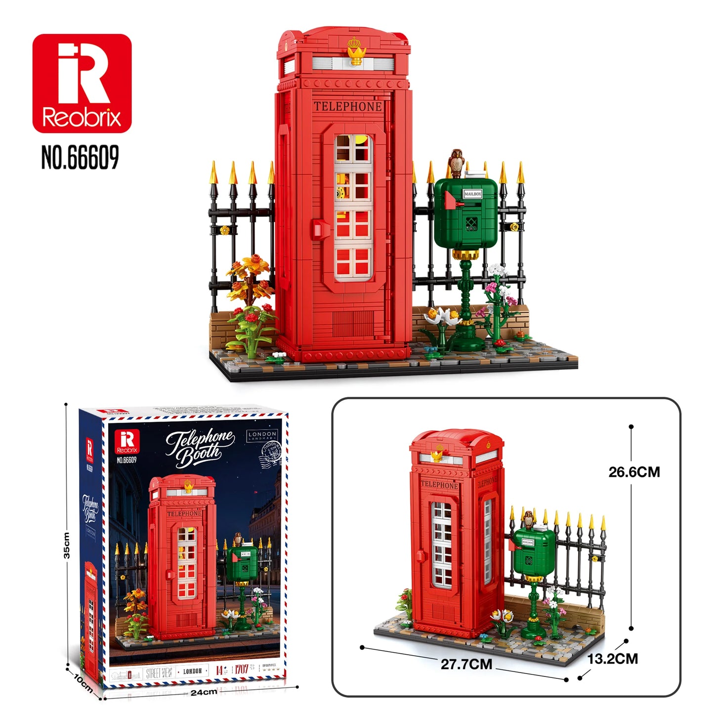 Reobrix British Red Telephone Booth Building Blocks 1707PCS