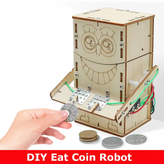 Wooden Electric Powered Eat Coin Robot DIY Models