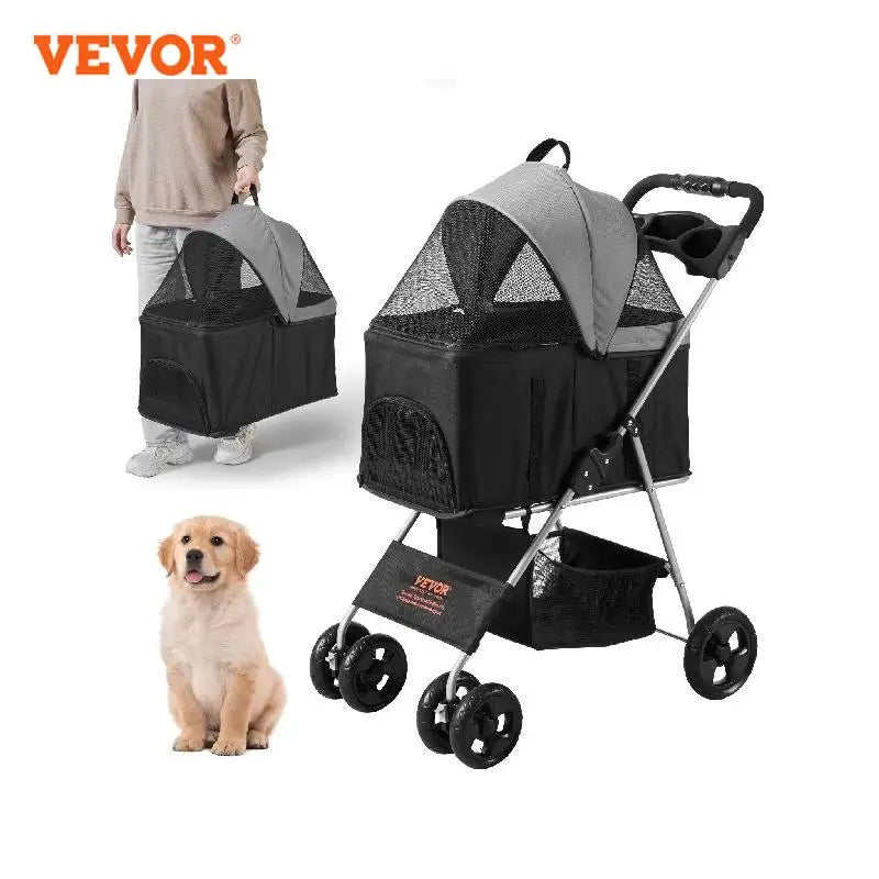 VEVOR 35lbs 4 Wheels Pet Stroller with Brakes Storage Basket