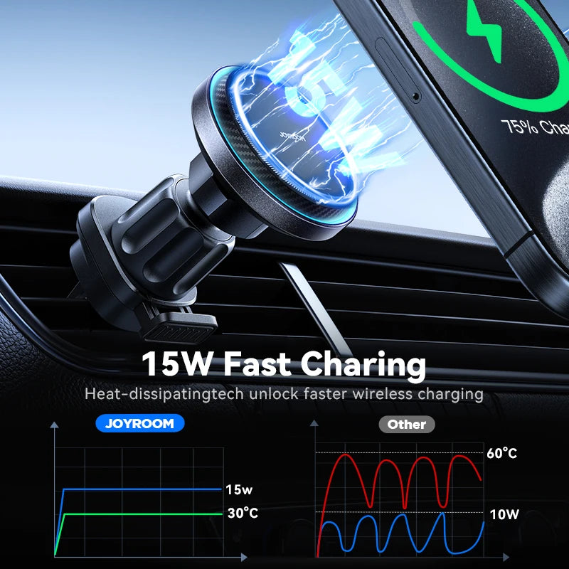 Wireless Magnetic Car Mount Charger Cooling Fast Charging 15W For iPhone