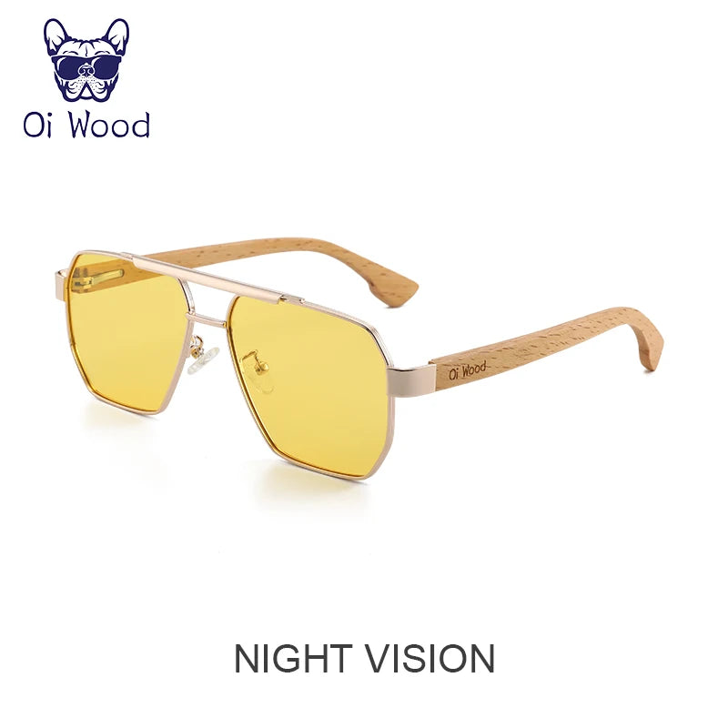 Oi Wood Sunglasses For Men Women Square Metal Sun Glasses Blue Lens UV Protection New Eyewear Night Driving Glasses 9006