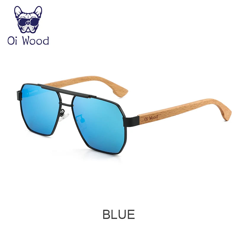 Oi Wood Sunglasses For Men Women Square Metal Sun Glasses Blue Lens UV Protection New Eyewear Night Driving Glasses 9006
