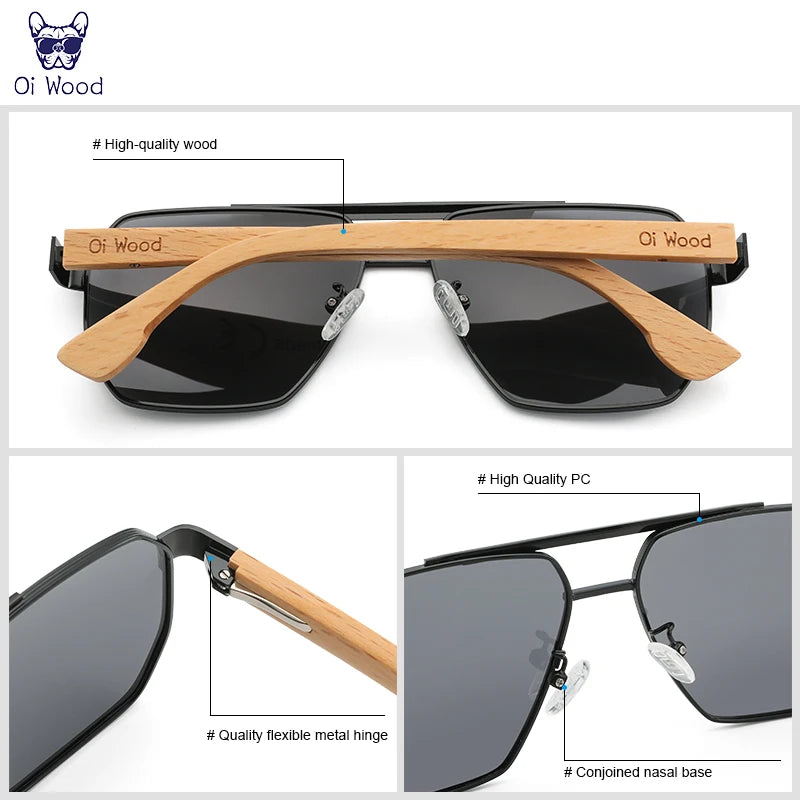 Oi Wood Sunglasses For Men Women Square Metal Sun Glasses Blue Lens UV Protection New Eyewear Night Driving Glasses 9006