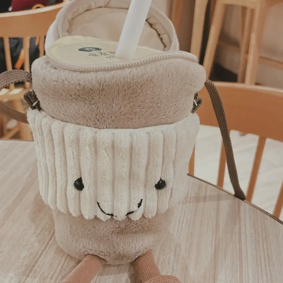 Cup Holding Plush Crossbody Bag with Zip