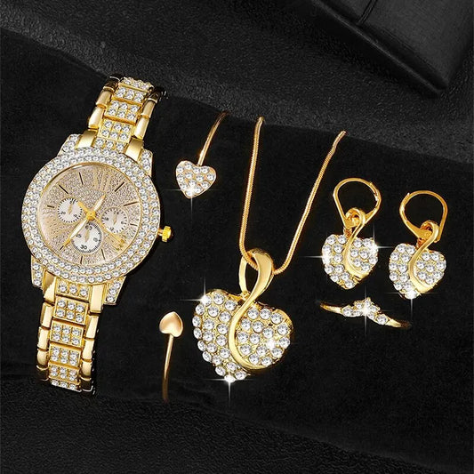 Quartz Watch Gold Luxury Jewelry Set Stainless Steel
