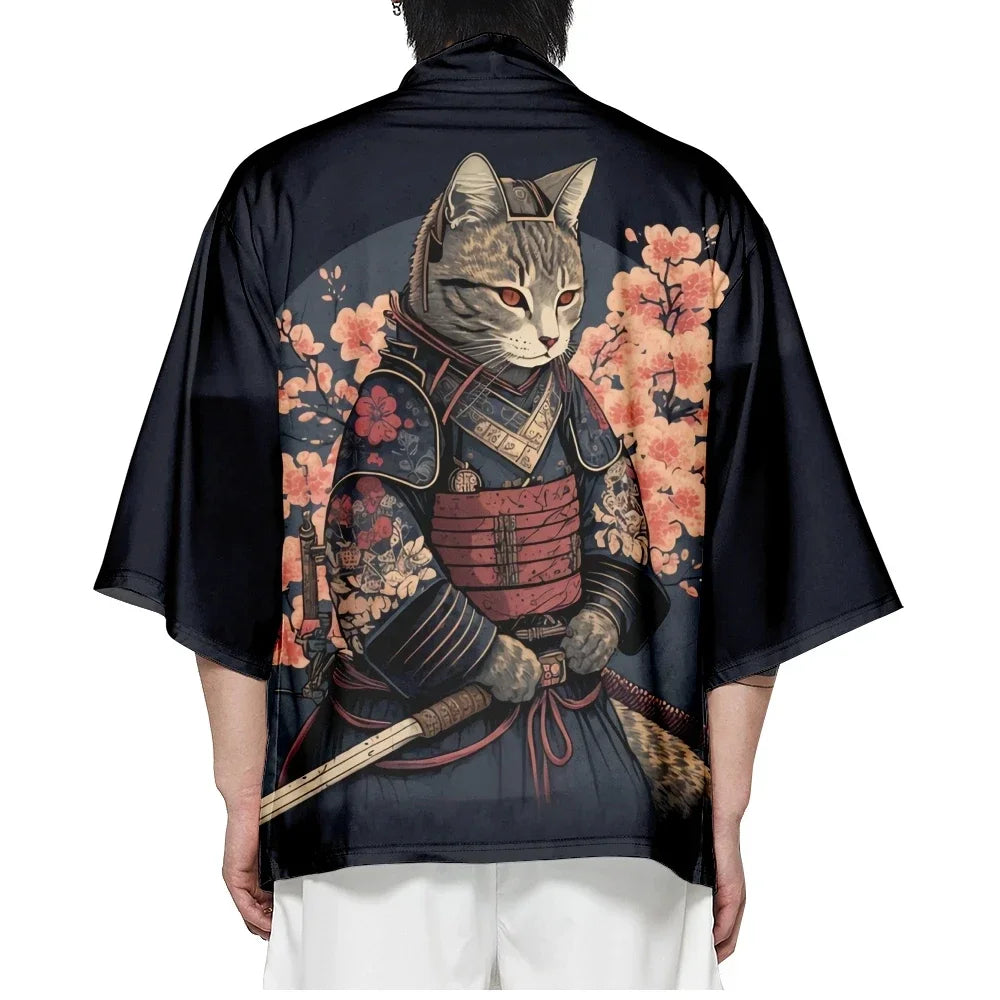 Kimono Japanese Traditional Sakura Cat Samurai Plus Size - CLOTHING TOP