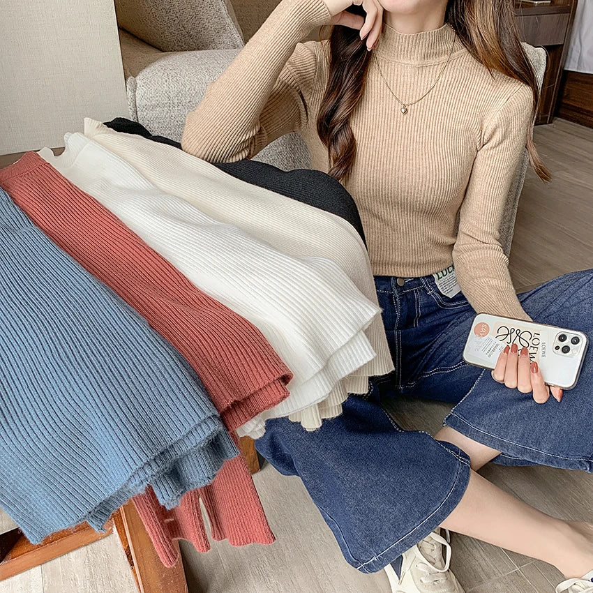 Autumn Winter Mock Neck Women Pullover Casual Sweater