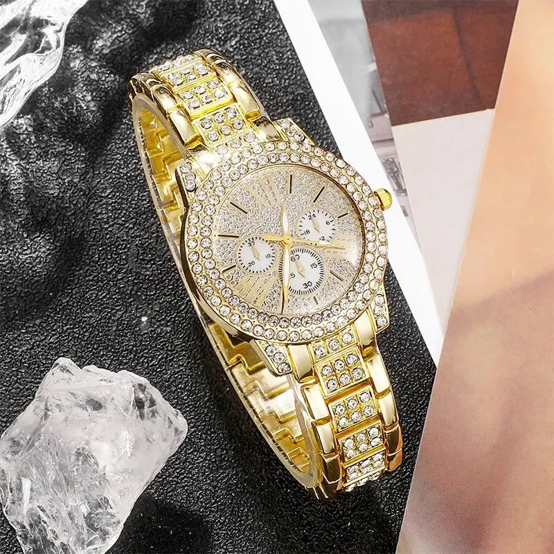 Quartz Watch Gold Luxury Jewelry Set Stainless Steel