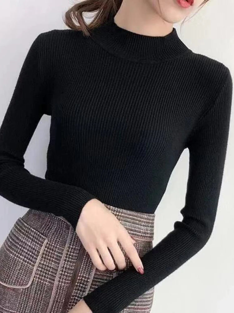 Autumn Winter Mock Neck Women Pullover Casual Sweater