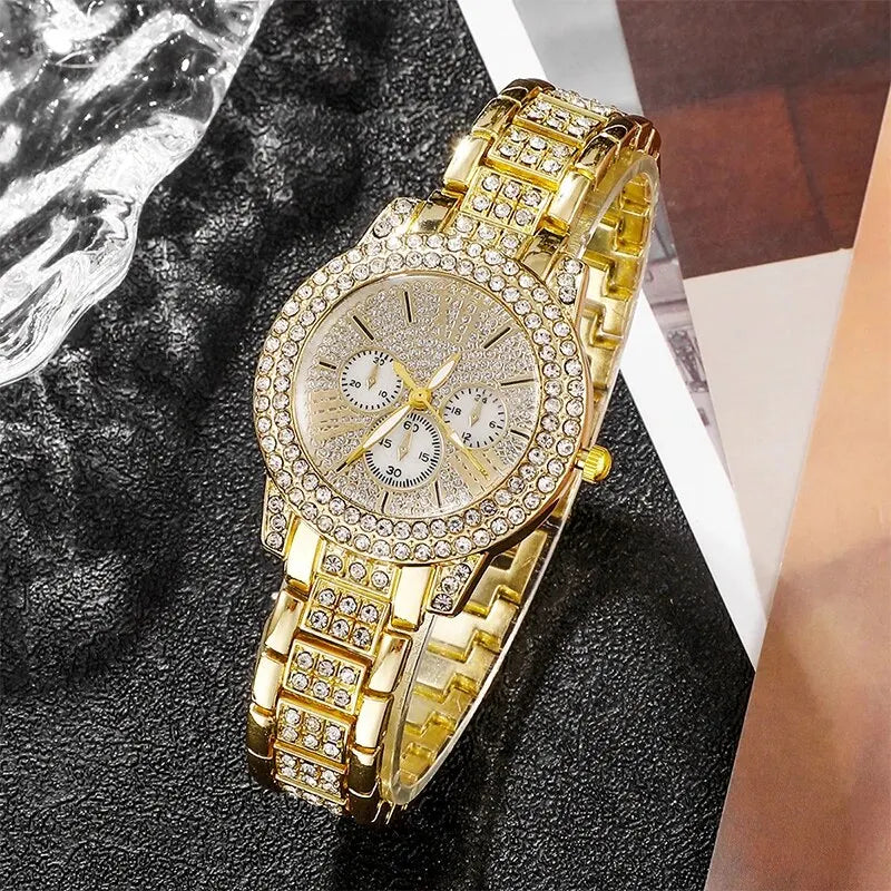 Quartz Watch Gold Luxury Jewelry Set Stainless Steel