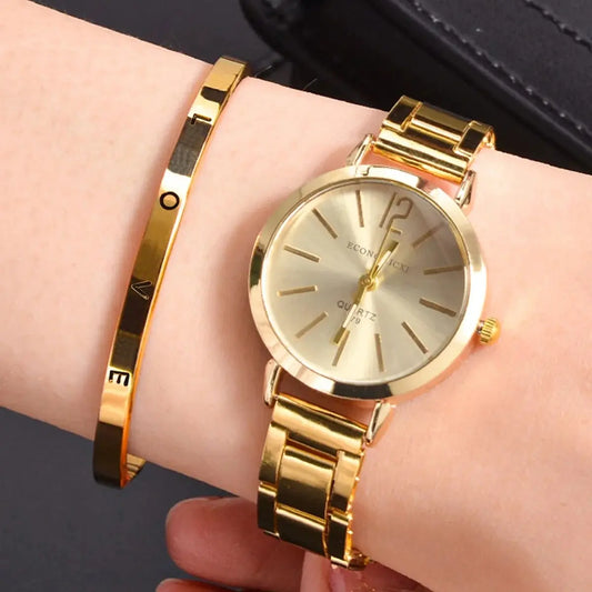 Luxury Gold Bracelet Quartz Wristwatch 2pcs Set