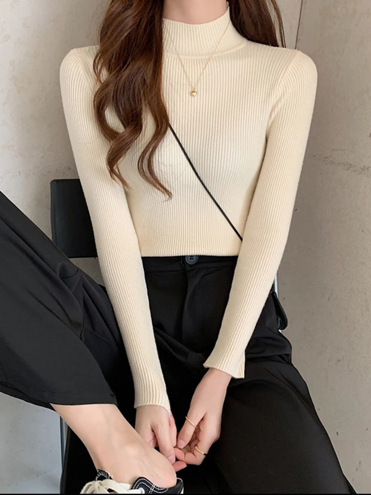 Autumn Winter Mock Neck Women Pullover Casual Sweater