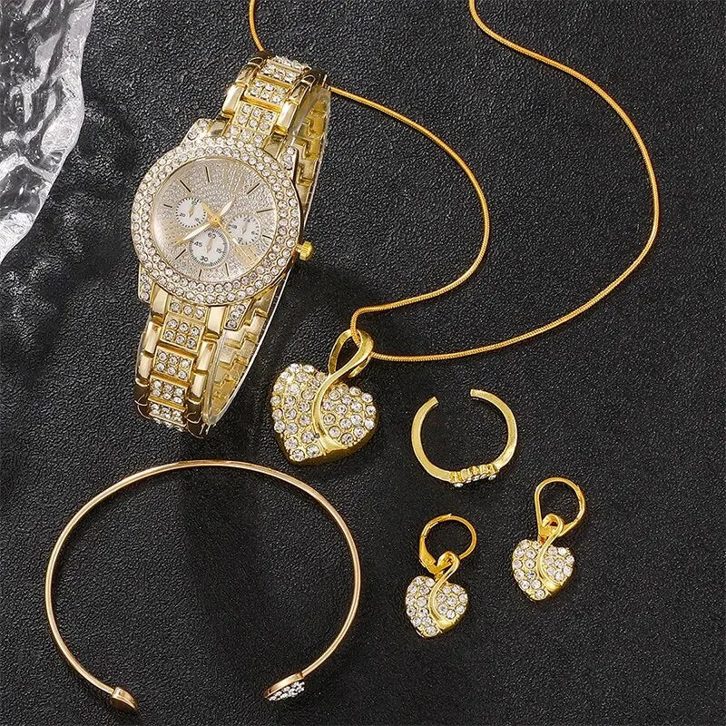 Quartz Watch Gold Luxury Jewelry Set Stainless Steel