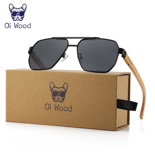 Oi Wood Sunglasses For Men Women Square Metal Sun Glasses Blue Lens UV Protection New Eyewear Night Driving Glasses 9006