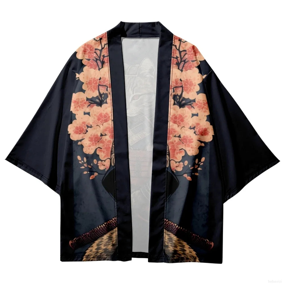 Kimono Japanese Traditional Sakura Cat Samurai Plus Size - CLOTHING TOP