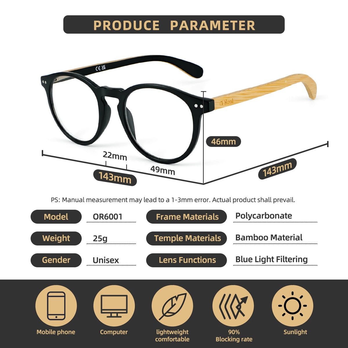 Oi Wood Bamboo Wood Reading Glasses for Men and Women Retro Round Anti Blue Light Presbyopia Glasses 0 +100 +150 +250
