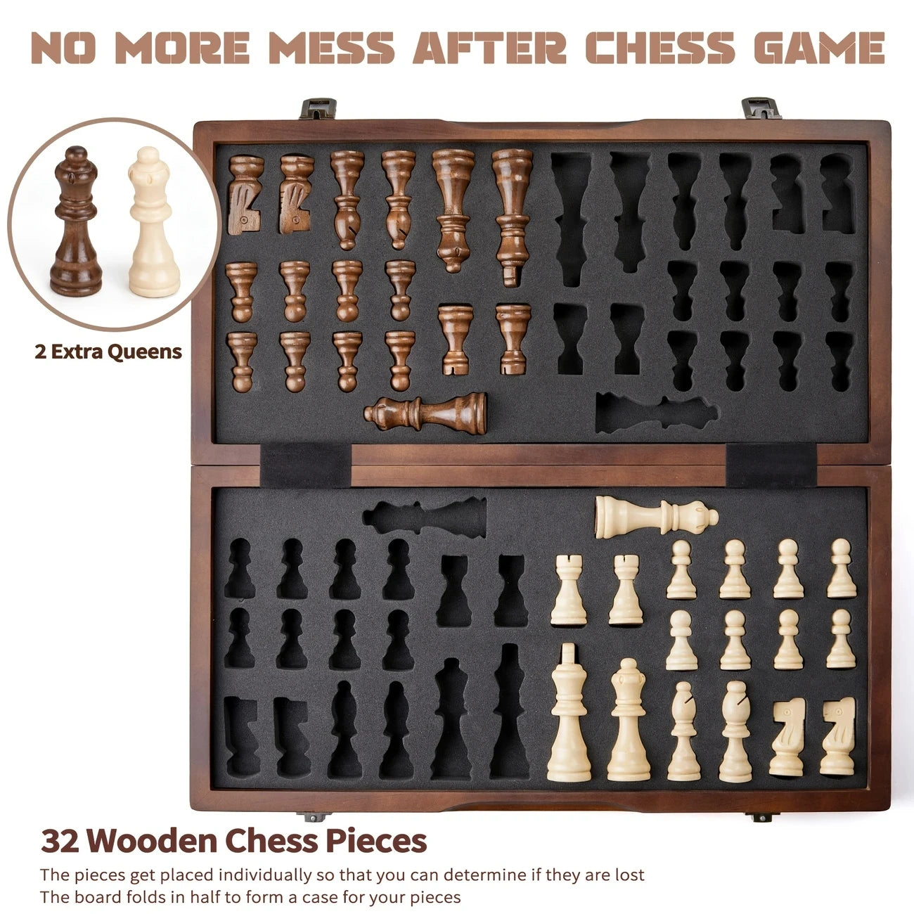 Wooden chess set 39.37cm/15.5inch with 2 additional queens