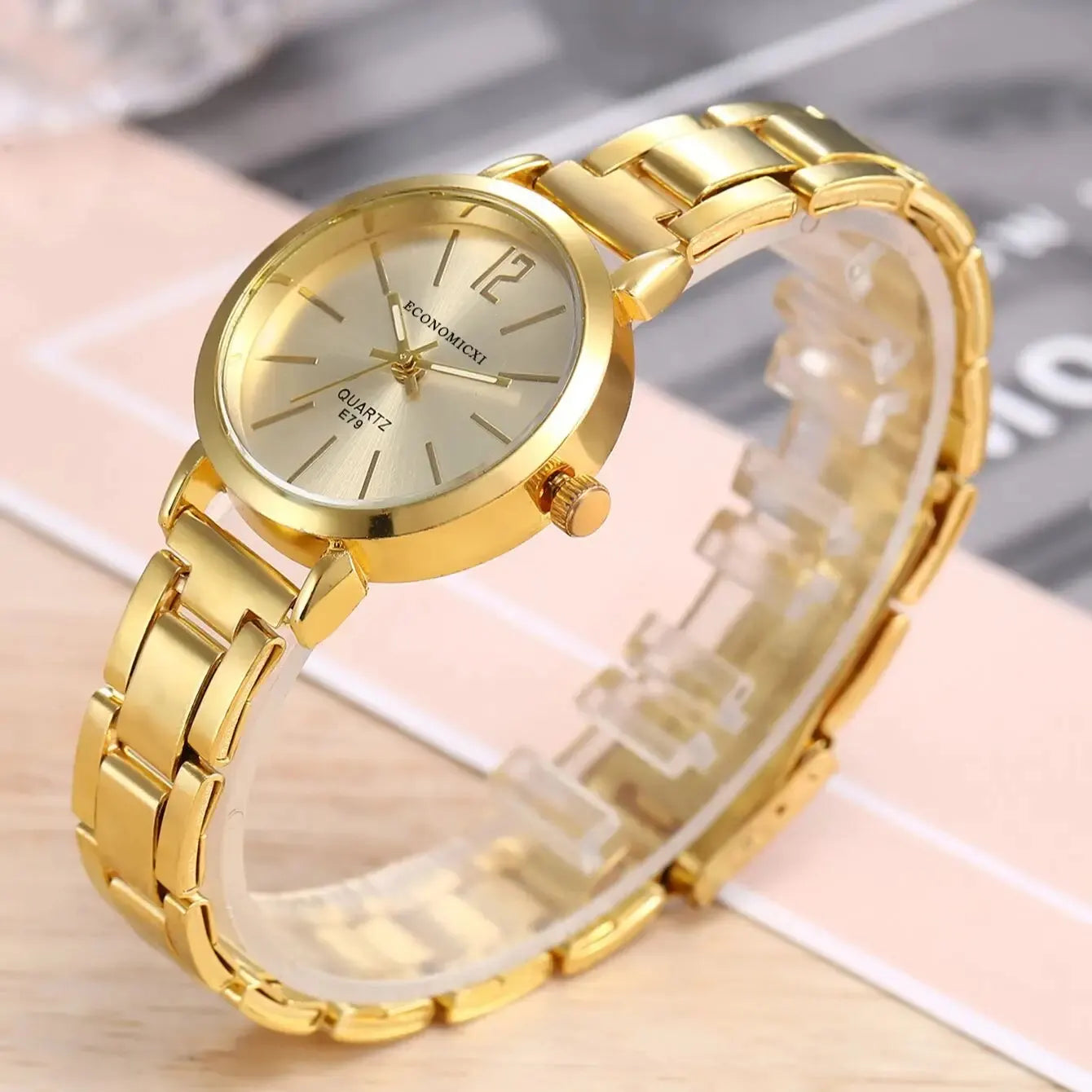 Luxury Gold Bracelet Quartz Wristwatch 2pcs Set