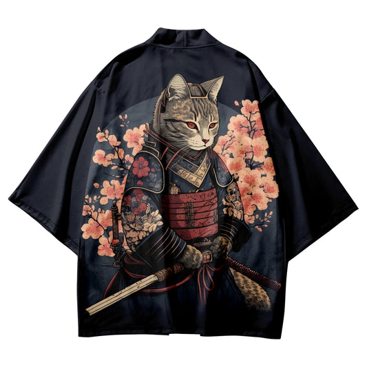 Kimono Japanese Traditional Sakura Cat Samurai Plus Size - CLOTHING TOP