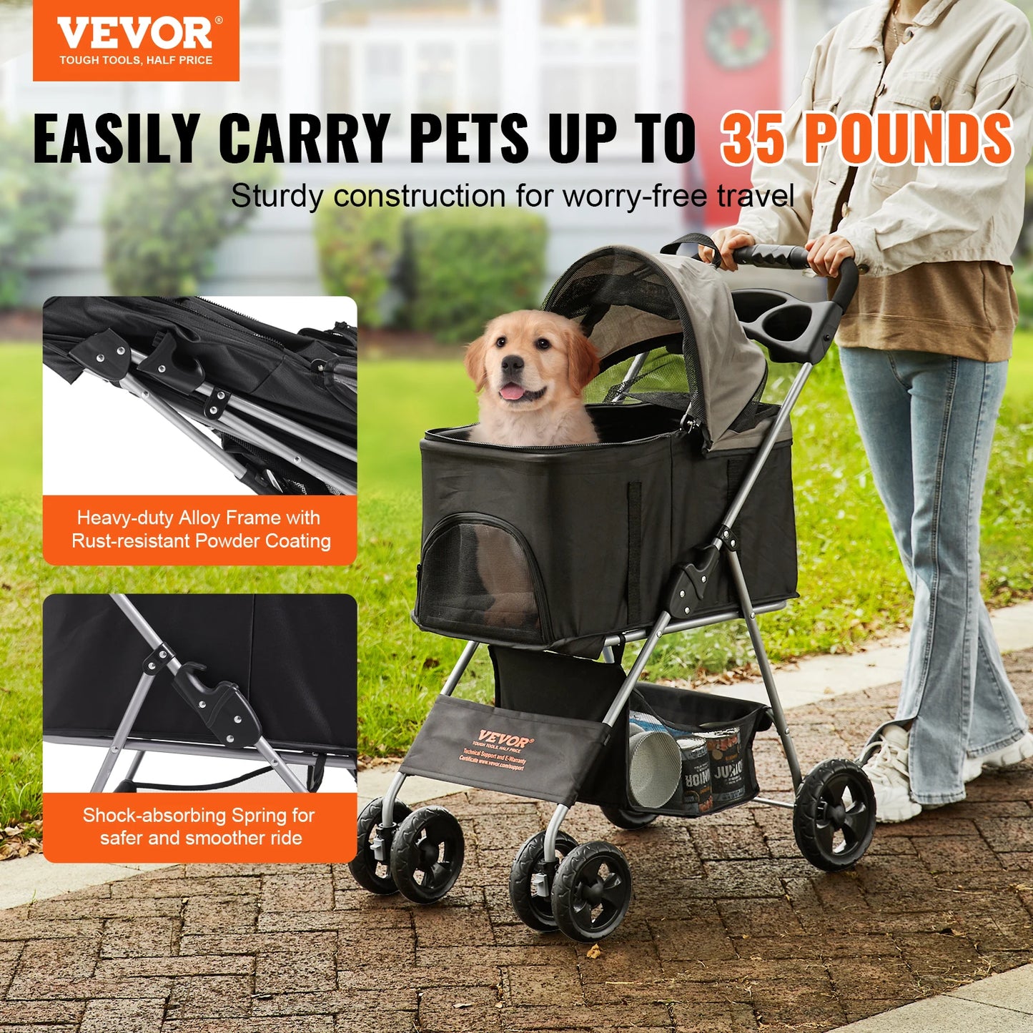 VEVOR 35lbs 4 Wheels Pet Stroller with Brakes Storage Basket