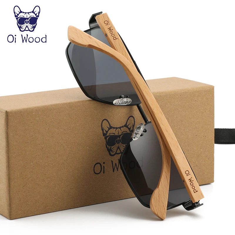 Oi Wood Sunglasses For Men Women Square Metal Sun Glasses Blue Lens UV Protection New Eyewear Night Driving Glasses 9006