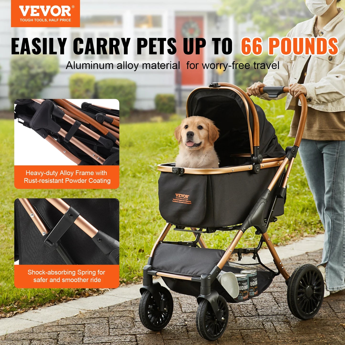 VEVOR 66 lbs Pet Stroller Foldable with Brakes Storage Basket