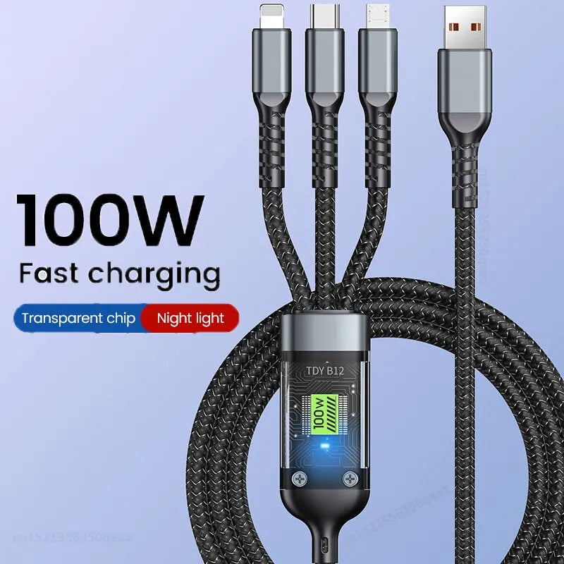 3 In 1 100w Transparent Fast Charging Cable