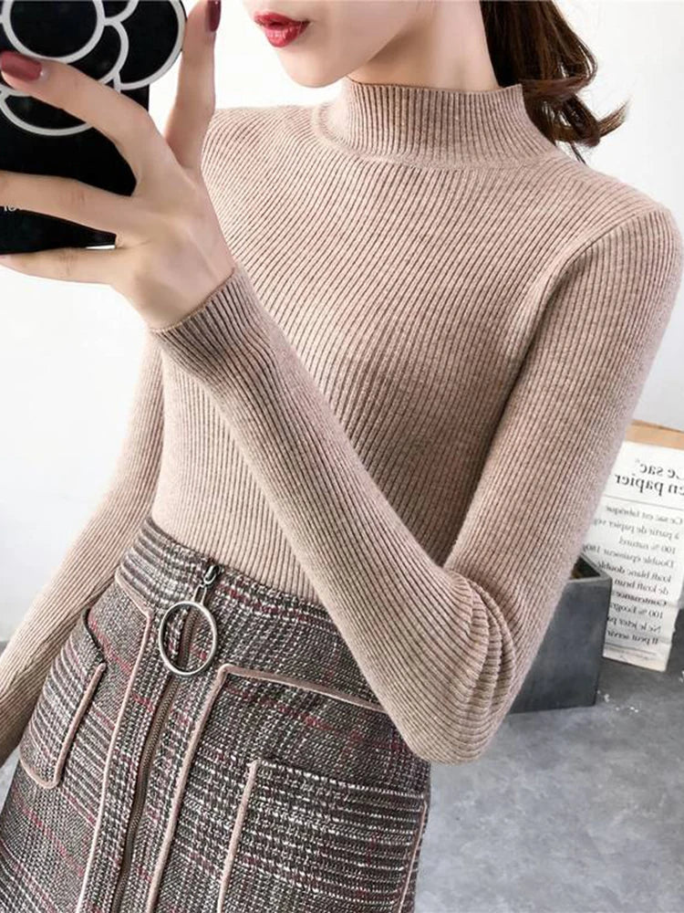 Autumn Winter Mock Neck Women Pullover Casual Sweater